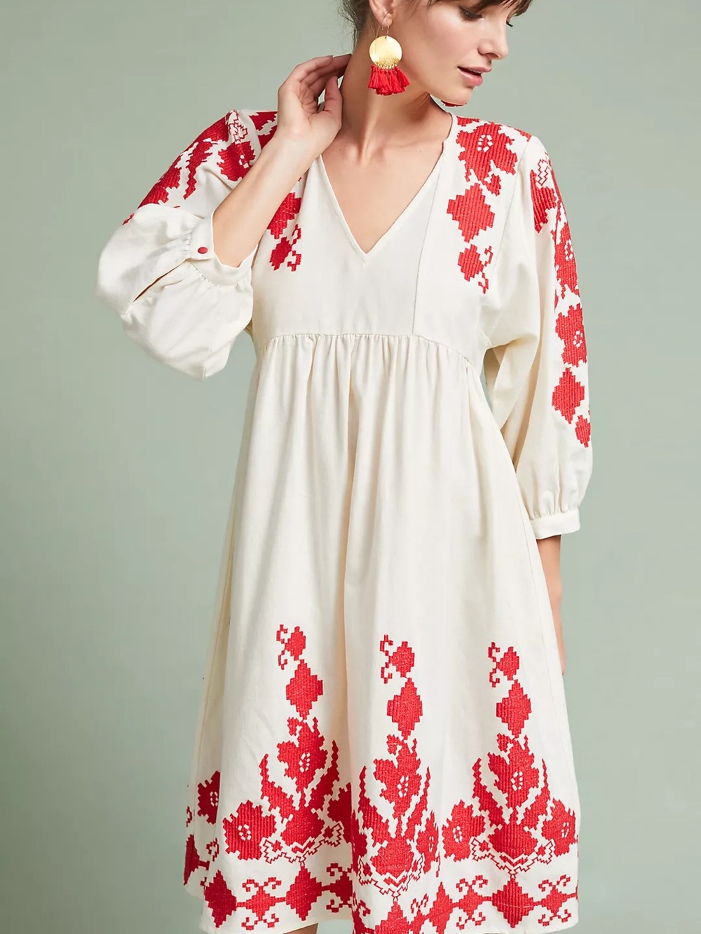 Velvet by Graham & Spencer - Jora Embroidered Peasant Midi Cream Red Dress